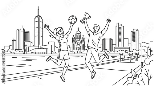 Joyful Soccer Players Celebrate Victory with Trophy and Ball.