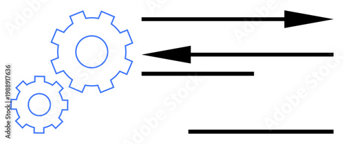 Business processes, automation, system optimization, workflow management, engineering, synchronization. Two interlocking gears with arrows. Business processes and automation concepts