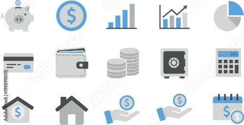 Finance and banking flat icon set featuring savings money charts payment wallet security and investment management symbols