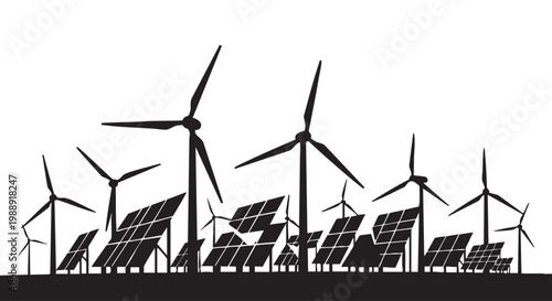 Renewable energy silhouette with wind turbines and solar panels cut out isolated illustration on transparent background layout