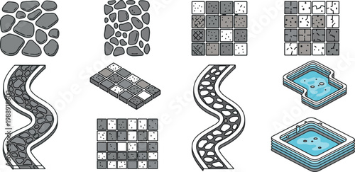 Set of landscape garden design elements including stone pavement patterns, cobblestone paths, and isometric outdoor swimming pools.