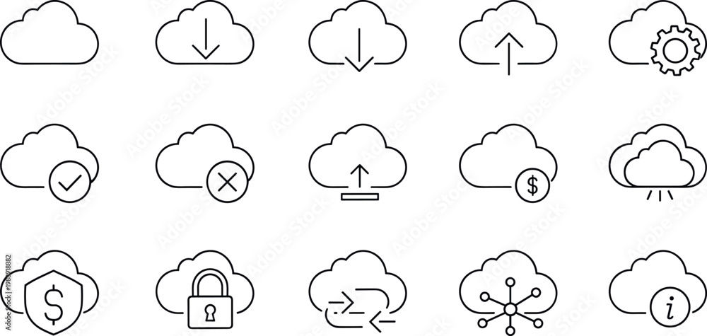 Obraz premium Cloud computing and storage icon set featuring upload download security sync network and data management line symbols