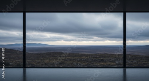 Somber mood fills a quiet interior space featuring a view through a transparent pane toward a vast, bleak horizon under a heavy leaden sky, interior, loneliness, light
