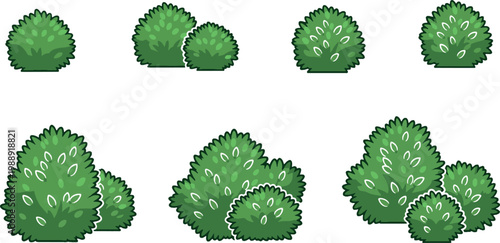 Set of green bush and shrub icons in flat design style for garden and landscape architectural planning.