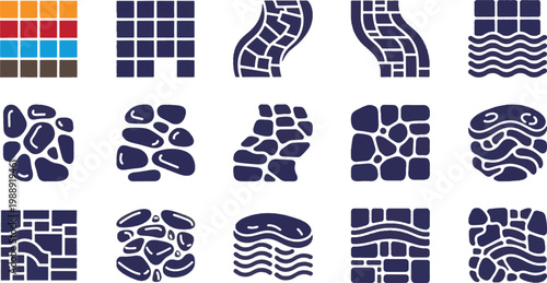 Set of paving stone icons and garden path patterns including cobblestones, tiles, and stone wall textures for landscape design.