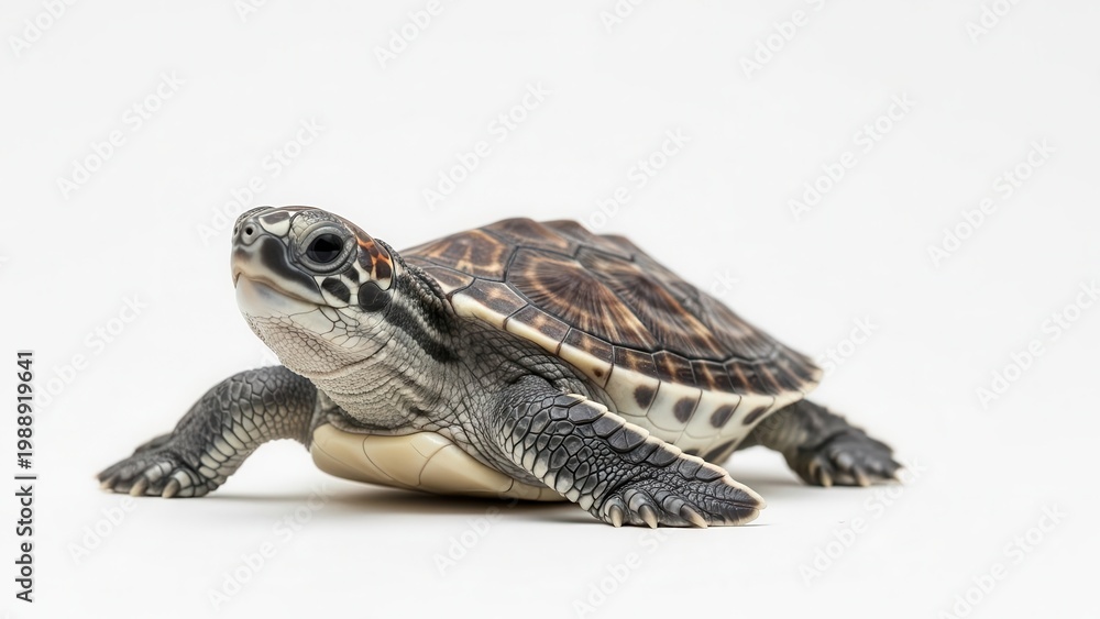 Obraz premium Close-up studio shot of a captivating baby sea turtle hatchling on a pristine white backdrop