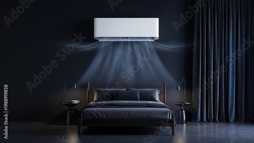 Modern bedroom interior with wall air conditioner cooling room in dark luxury style