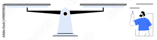 Decision-making, equality, remote work, justice balance, business choices, deliberation. A balance scale beside a person working in a remote environment. Decision-making and equality concept