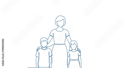 A simple line drawing depicts a mother with a son and daughter standing closely together