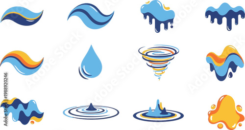 Vector collection of abstract liquid splashes water drops and ocean waves icons isolated on white background
