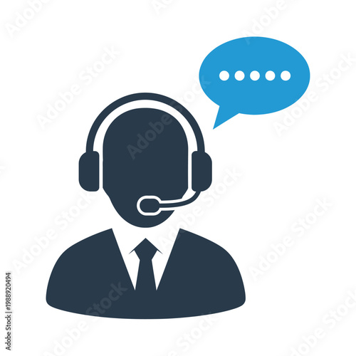A customer service representative wearing a headset is communicating with a speech bubble.