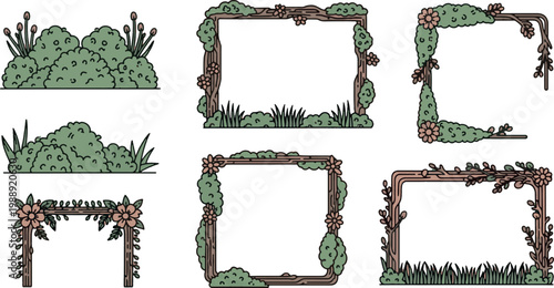 Vector collection of wooden frames decorated with green bushes grass and flowers for garden and landscape design