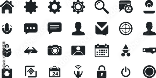User interface and application icon set featuring navigation communication security media symbols in modern flat vector style