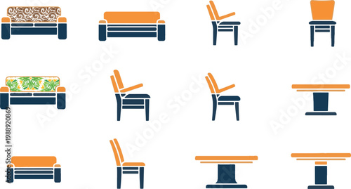 Modern home furniture icon set with colorful sofas, elegant chairs, and wooden tables for interior design