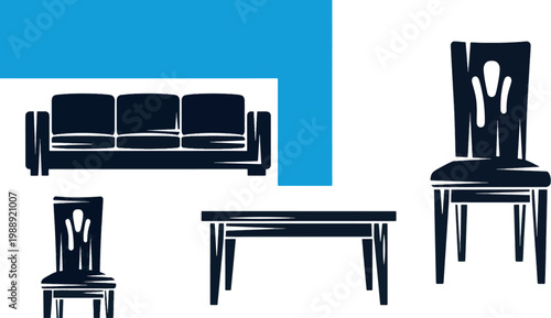 Modern home furniture set featuring comfortable sofa, wooden dining table, and elegant chairs