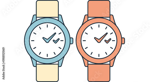 Two wristwatches are shown side by side, each with a checkmark on its face.