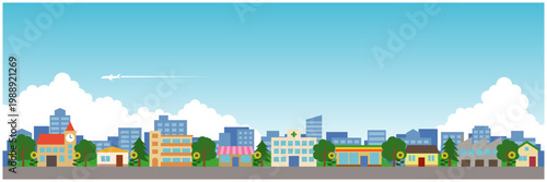 夏の青空と街並みの背景イラスト 向日葵と飛行機雲 横長バナー