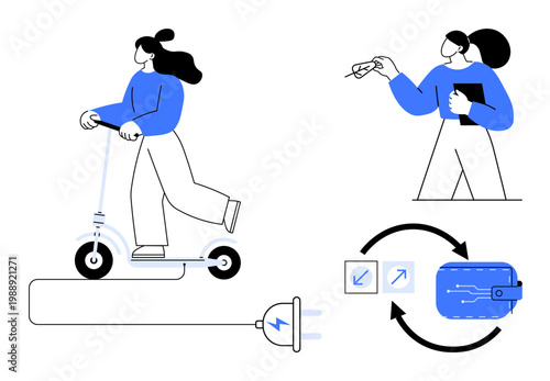 Urban mobility, eco-friendly transportation, digital payments, cashless transactions, fintech tools, renewable energy. Woman on an electric scooter, a person with a tablet, and contactless payment
