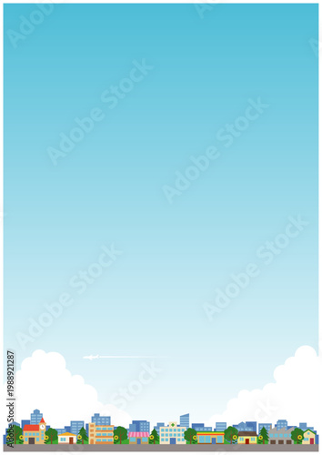 夏の青空と街並みの背景イラスト 向日葵と飛行機雲 縦型・ポスター
