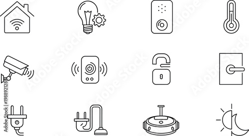 Smart home security line icons set vector illustration with wifi house camera lock sensor robot vacuum and automation symbols