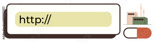 Online navigation, industry connection, web search, internet technology, digital communication, website. URL bar design and a factory icon. Online navigation and industry connection visual