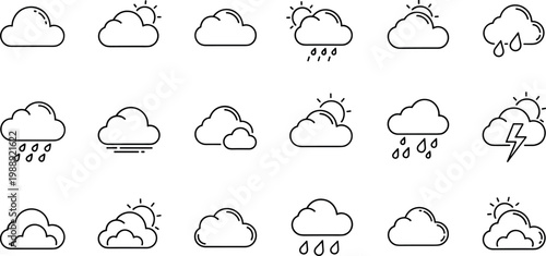 Weather and climate outline icon set featuring clouds rain storm sunshine forecast and atmospheric condition symbols