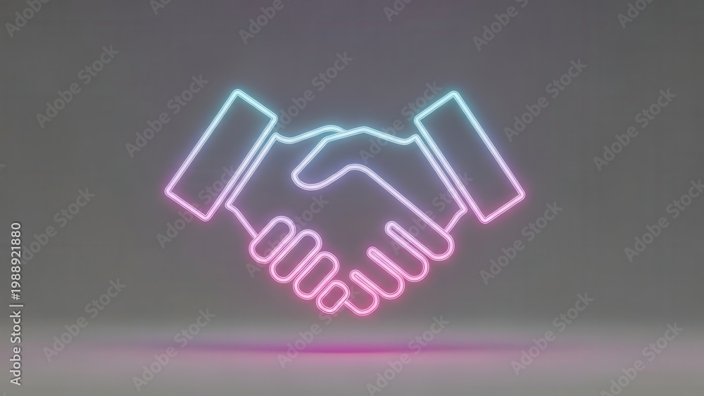 Fototapeta premium Vibrant neon handshake symbol representing digital connection and agreement on a neutral background
