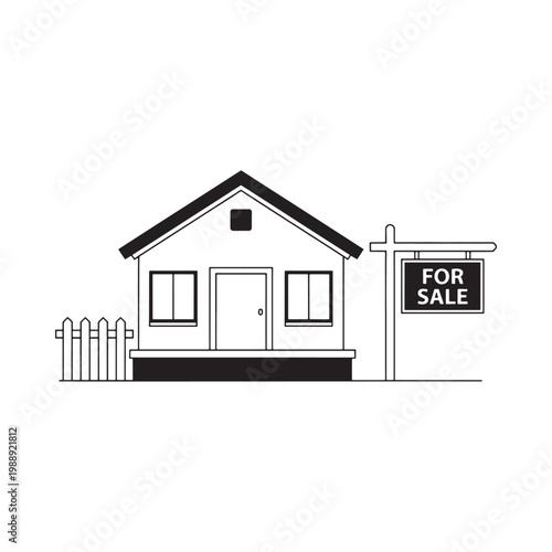 Simple black and white illustration of a house with a for sale sign