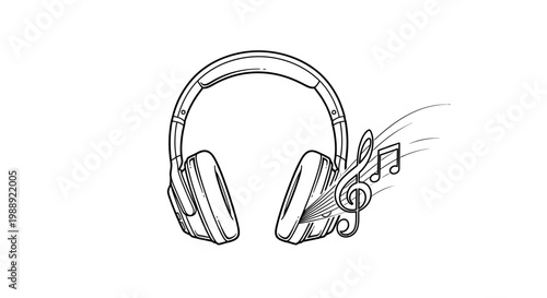 Headphones with musical notes in black and white line art