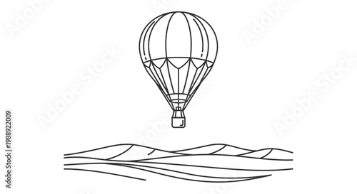 Hot air balloon flying above rolling hills outline icon