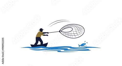 Man catching fish with net on water.