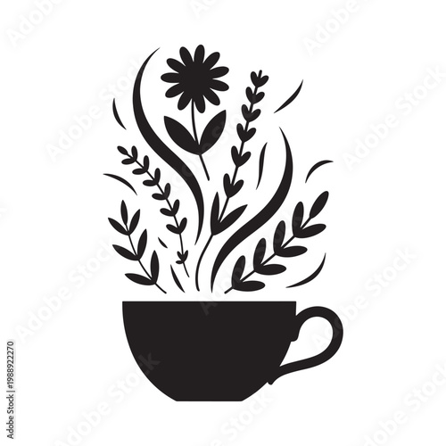 Black silhouette of flowers and foliage in a teacup design