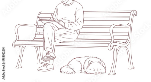 Man drawing on park bench with sleeping dog