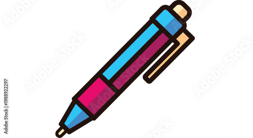 A colorful ballpoint pen is depicted against a white background.