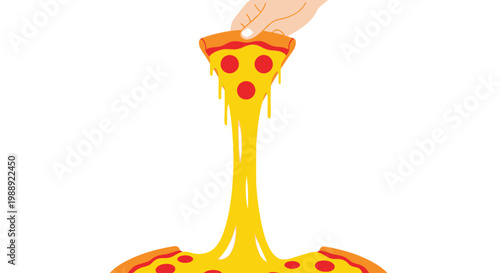 Melted cheese on pizza slice being lifted.