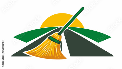 Vibrant graphic emblem showcasing a traditional broom sweeping a clean path through lush green fields under a bright, rising sun, symbolizing tidiness, new beginnings, and environmental care