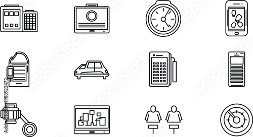 Technology and device outline icon set featuring smartwatch car calculator laptop smartphone dashboard and digital equipment symbols