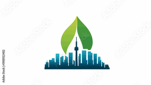 Modern urban landscape integrated with a vibrant green leaf, symbolizing sustainable city growth and environmental harmony for a future-focused metropolis