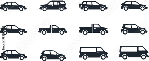 Set of car and vehicle silhouettes, various transport icons including sedan, suv, pickup truck, and van in flat style.