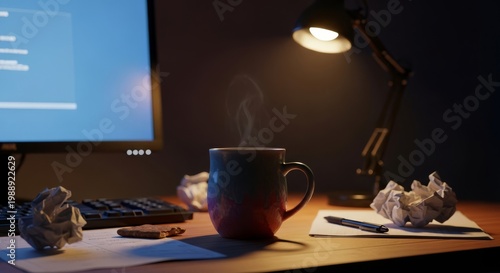 A warm ceramic mug rests on a messy desk beside a bright computer screen and crumpled papers under a single lamp during the late night hours, crumpled, brightness, stationery