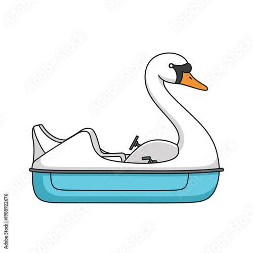 A white swan-shaped pedal boat is ready for use on the water.
