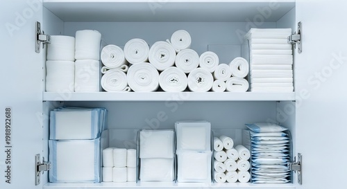Detailed view of medical supplies such as bandages and sterile gauze being organized on shelves inside a white cabinet in a clean clinic, storage, equipment, instruments