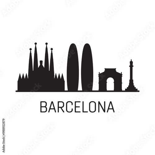 Barcelona skyline silhouette with iconic landmarks and city name text