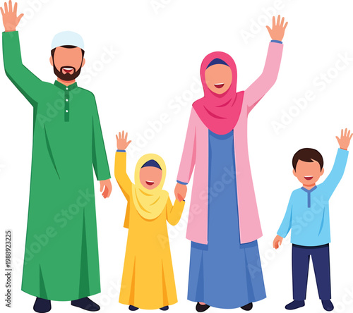 a muslim family waving their hands