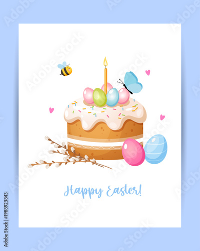 Happy Easter Greeting Card with Traditional Cake, Colorful Eggs and Pussy Willow – Cute Cartoon Spring Illustration with Bee, Butterfly and Candle in Pastel Colors, Vertical Poster etc