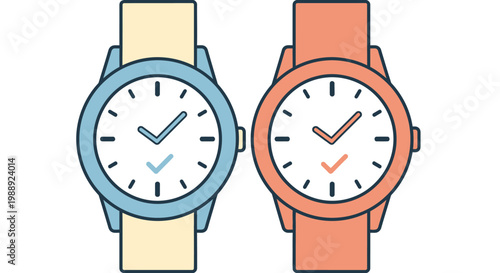 Two wristwatches are displayed side by side with checkered marks on their faces.