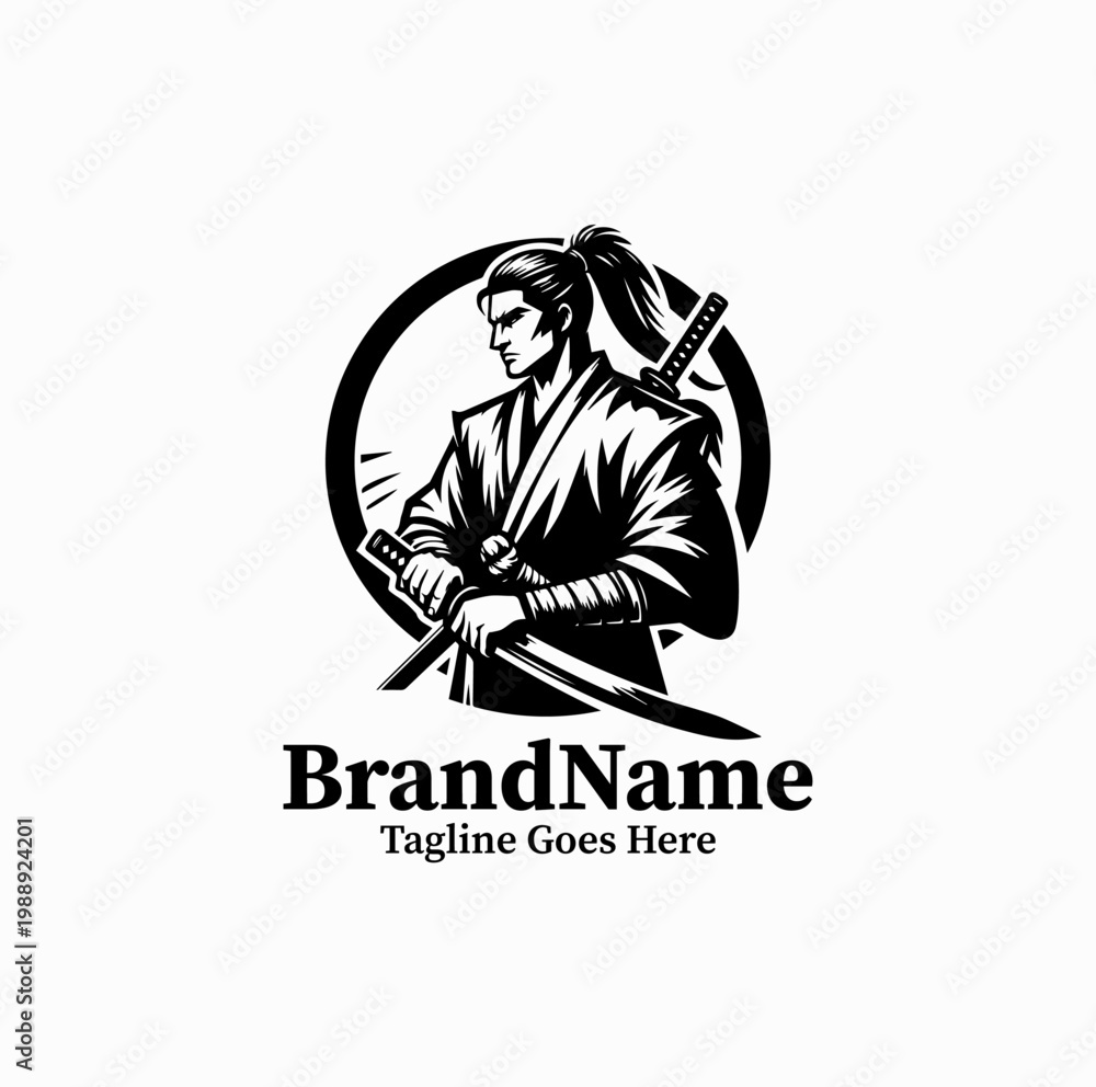 Fototapeta premium A Japanese samurai holding a sword is illustrated in a circular emblem logo design minimalist