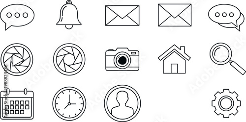User interface line icon set with communication media navigation and basic app symbols