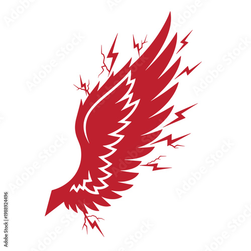 Red bird wing with lightning bolts on white background