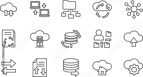 Data transfer and cloud computing line icon set featuring file sync database storage network exchange and digital workflow symbols